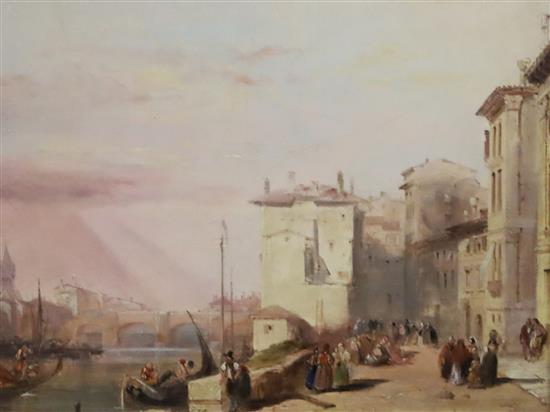 Early 19th century French School River town scene with boats and figures looking on 19 x 25cm